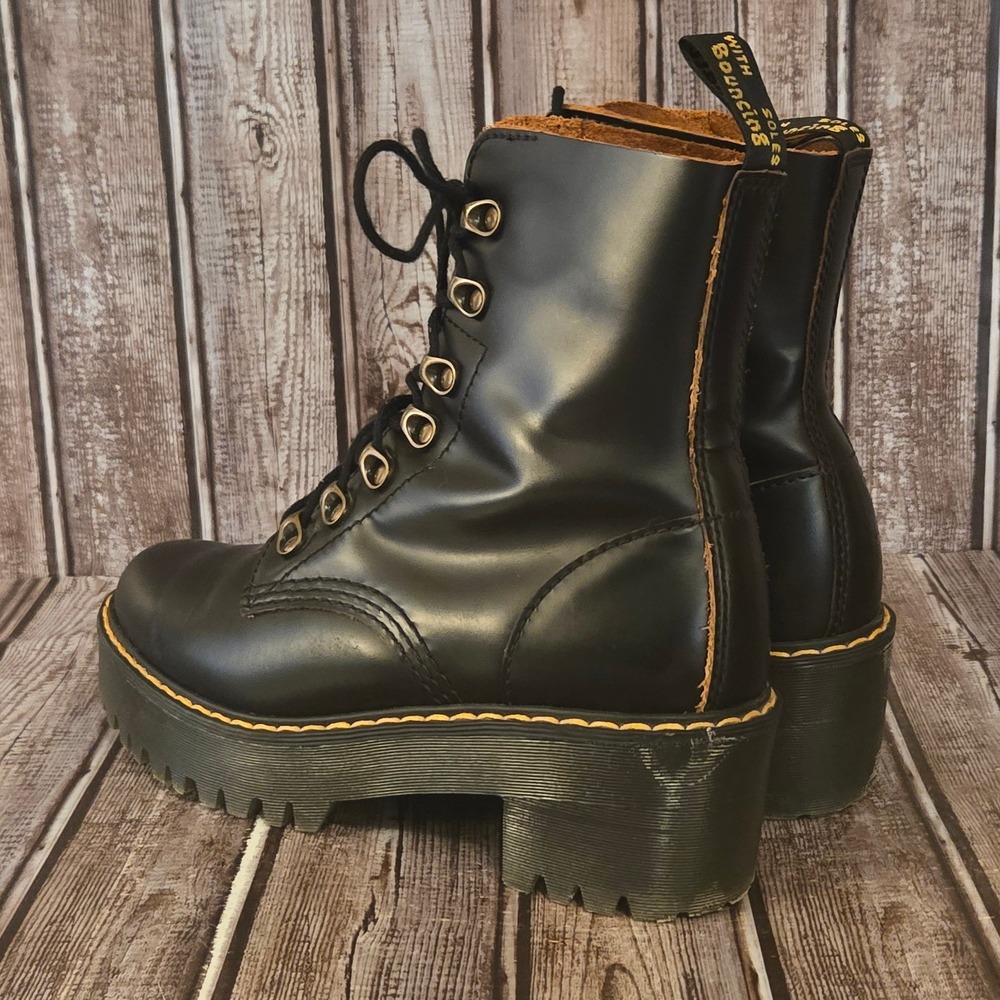 Dr. Martens Black Platform Lace-Up Heeled Boots with Yellow Stitching - Picture 7 of 11